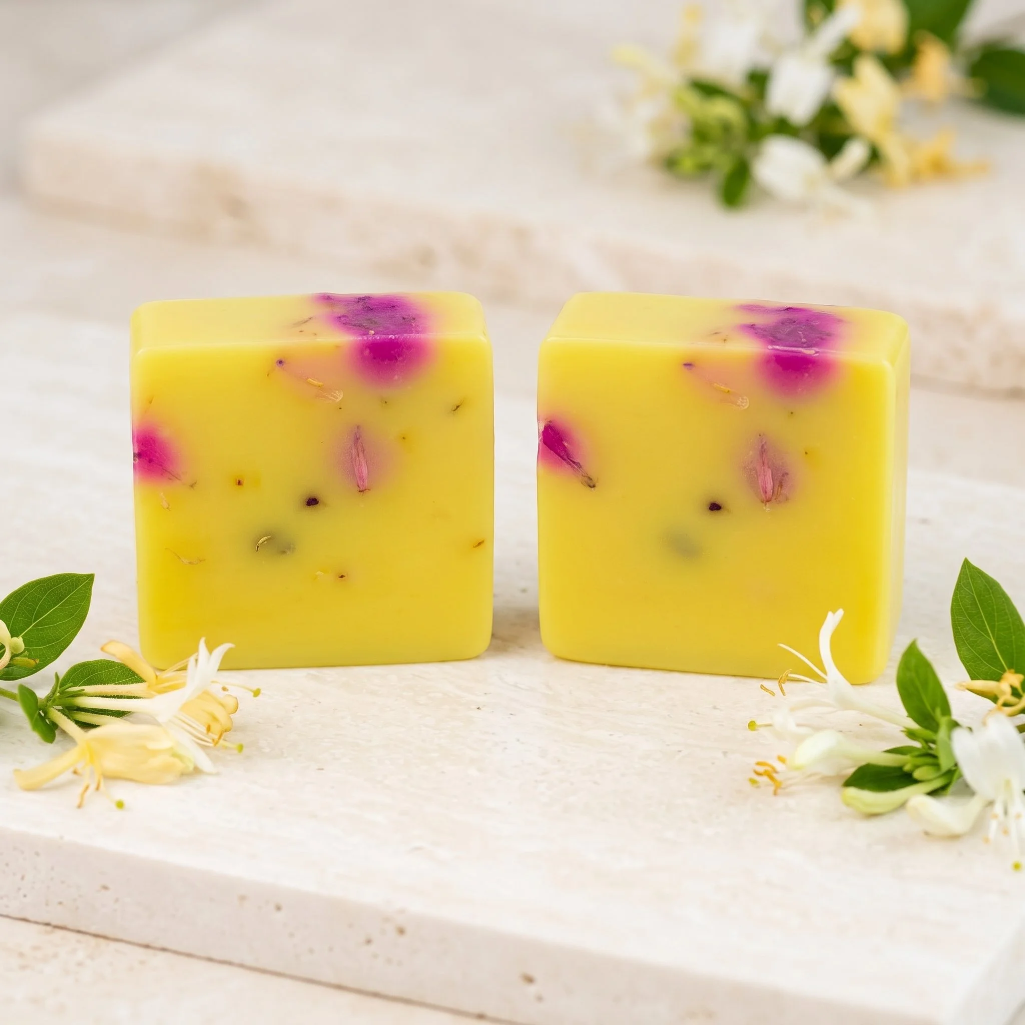 Two Honeysuckle Soap Bars on a light stone surface with honeysuckle flowers and green leaves.