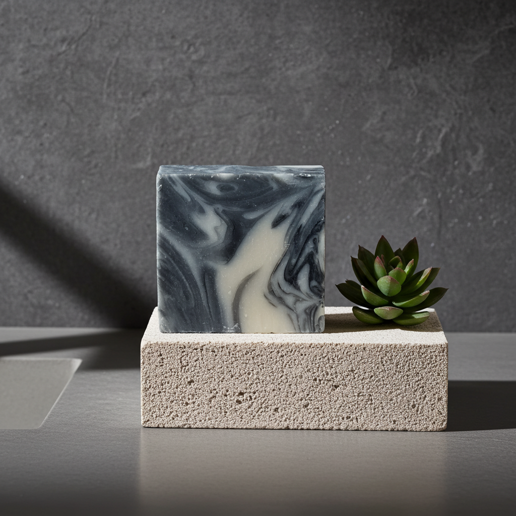 Sapeur Swagger soap bar on a textured stone block with soft shadows and a small succulent in a modern refined setting