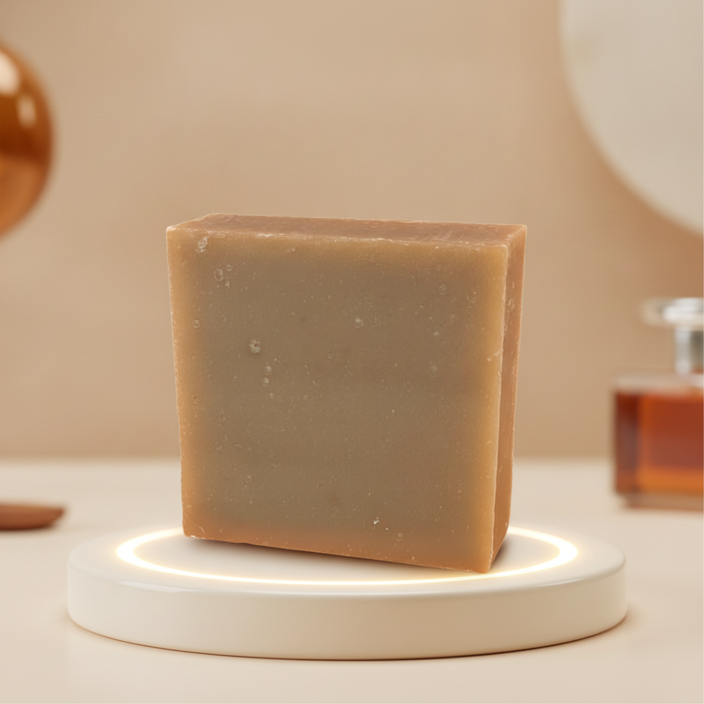 Almond Spice Soap Bar on a glowing white pedestal with a warm bathroom vanity background.