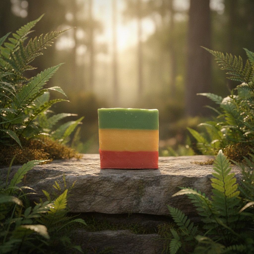 Rasta Roots Soap displayed on a stone ledge in a sunlit green forest