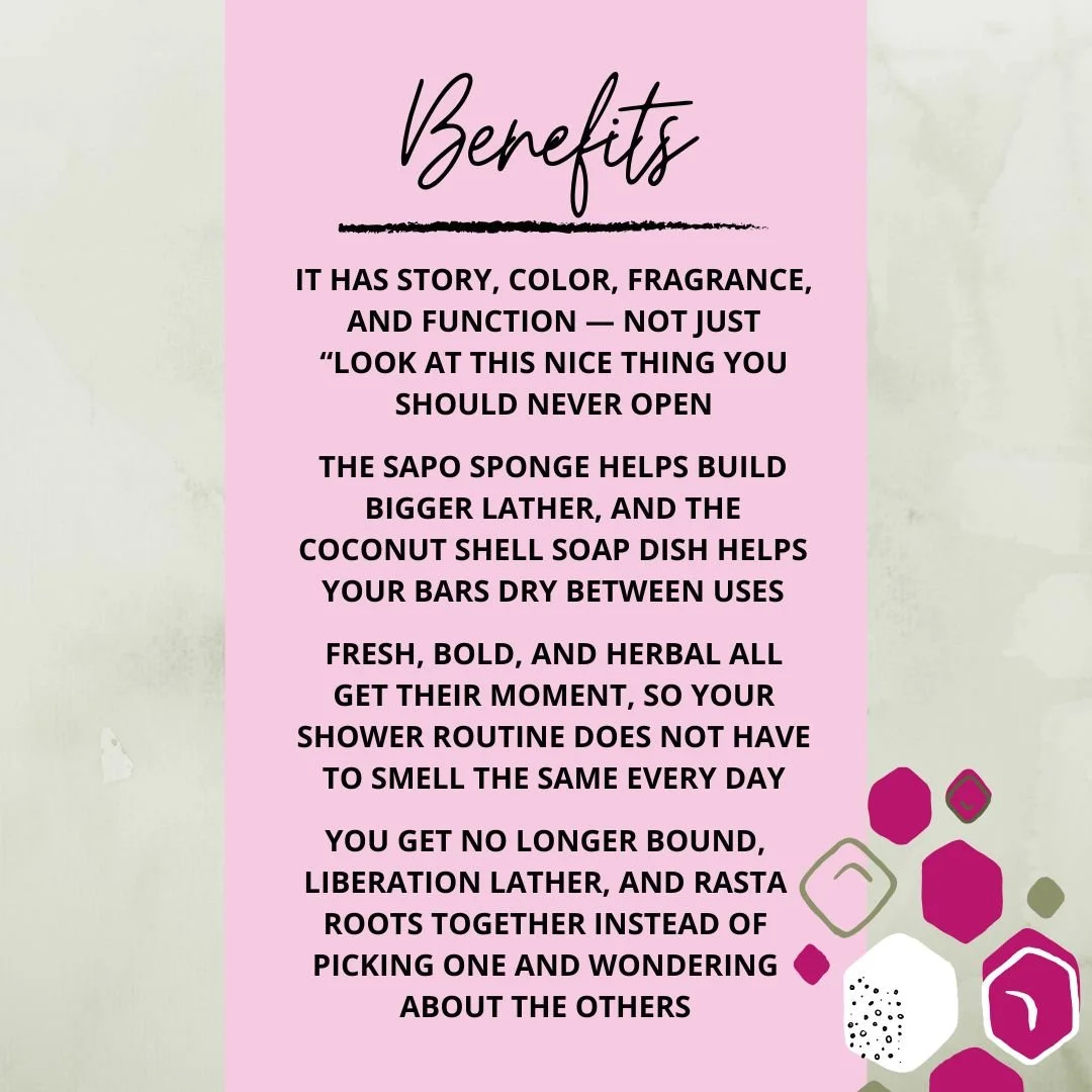 Benefits graphic for The Heritage Trifecta Shower Set highlighting three Heritage Line soaps, Sapo Sponge lather, soap dish storage, and gift-ready bundle value.