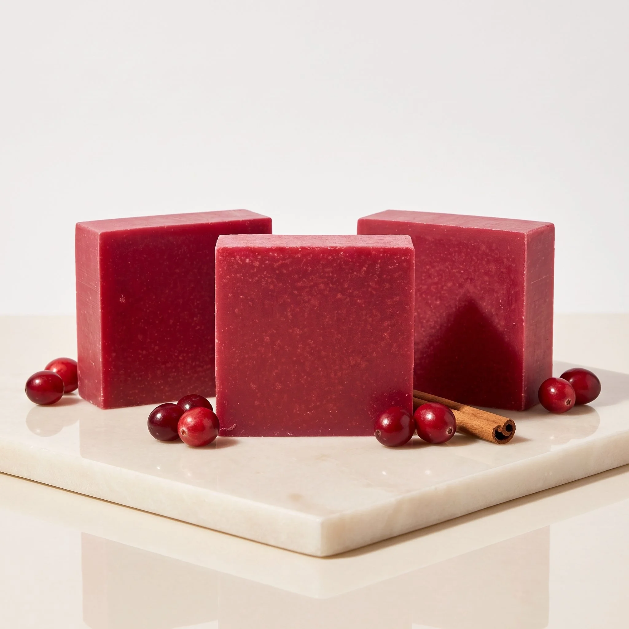 Cranberry Spice Soap Bars displayed with cranberries and cinnamon sticks on a white stone surface.