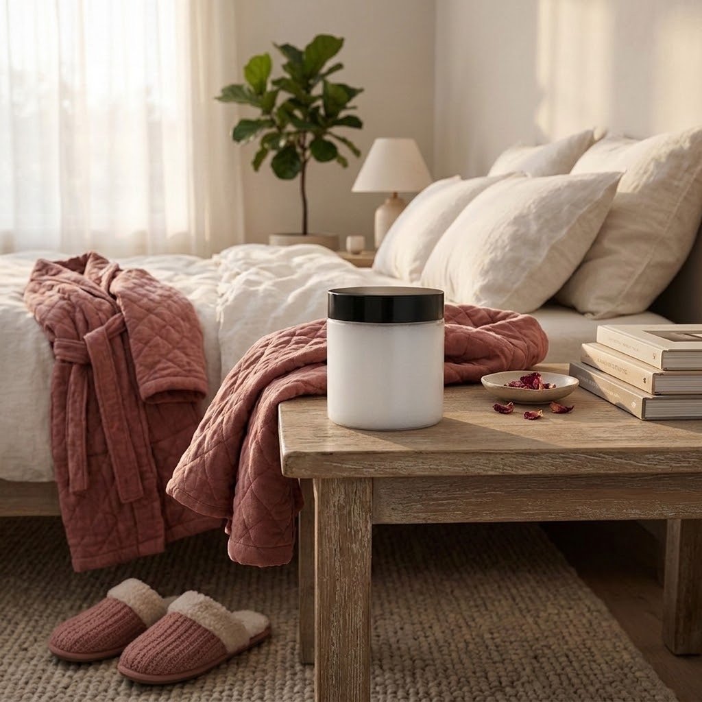 Thick With It body butter on a bedside table beside books, slippers, and a bed with a pink throw.