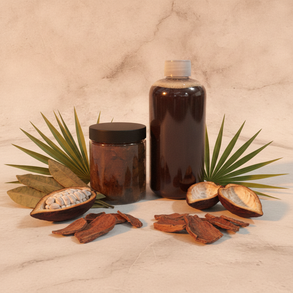 Black Soap Two Ways duo arranged with cocoa pods and traditional plant ingredients on a light marble surface.