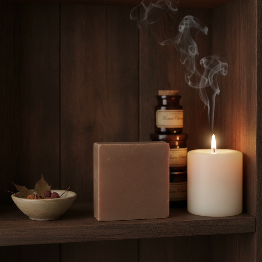 Nag Champa Mud Soap Bar on a wooden shelf beside a candle, incense-style smoke, and warm spa accents.