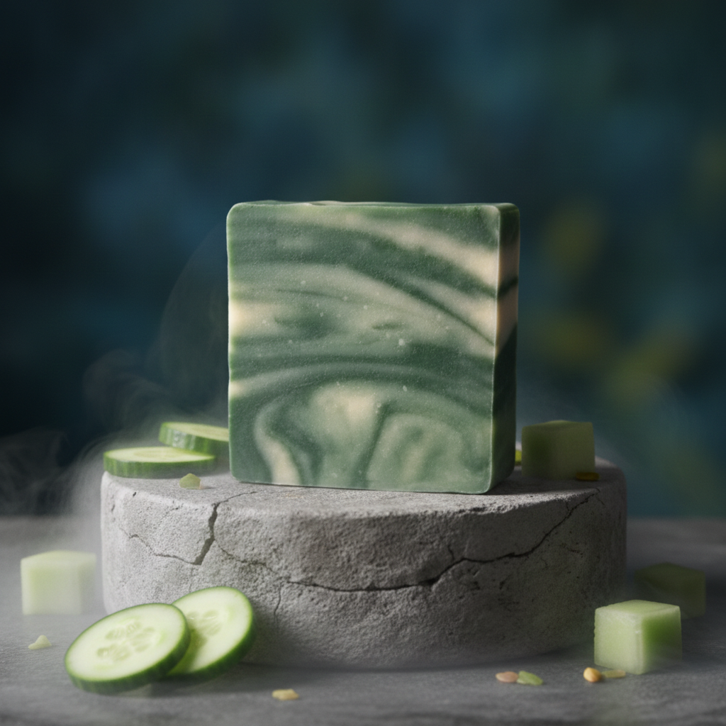 Cucumber Melon Soap Bar on a stone pedestal with cucumber slices, melon cubes, and soft steam in the background.