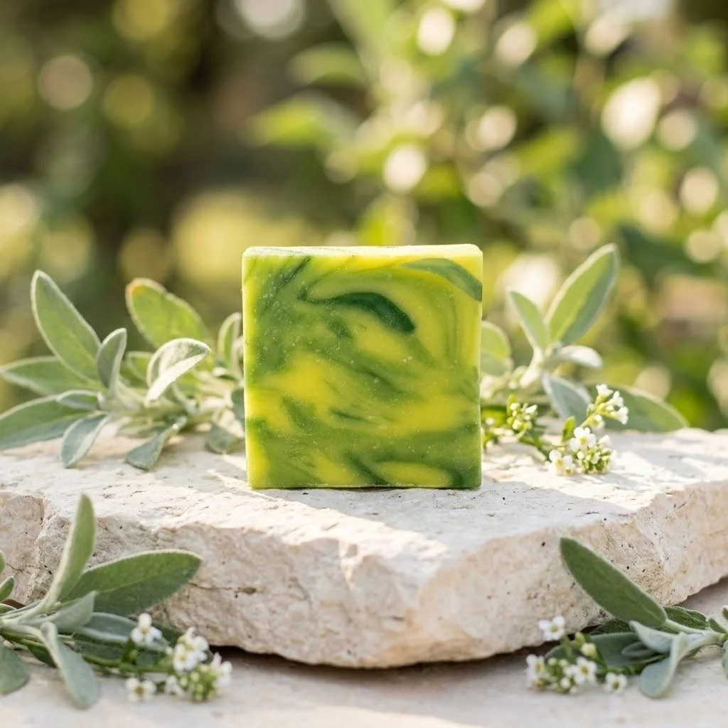 Green and yellow Free Spirit soap bar displayed on a pale stone with leaves in the background.