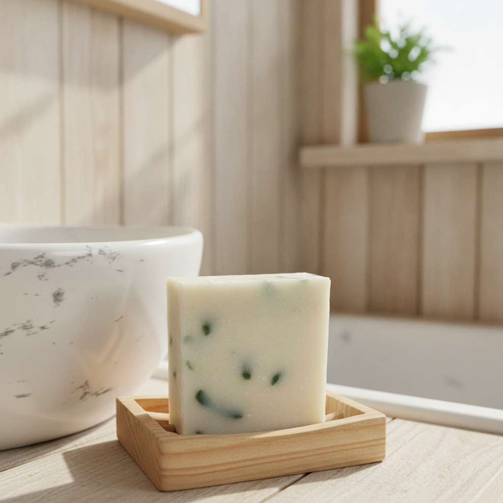 Limeade Soap Bar resting in a wooden soap dish beside a marble sink in a bright bathroom.