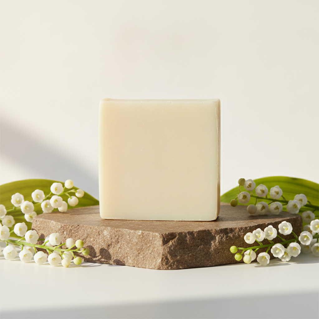 Bamboo Mud Soap Bar displayed on a natural stone slab with lily of the valley flowers.