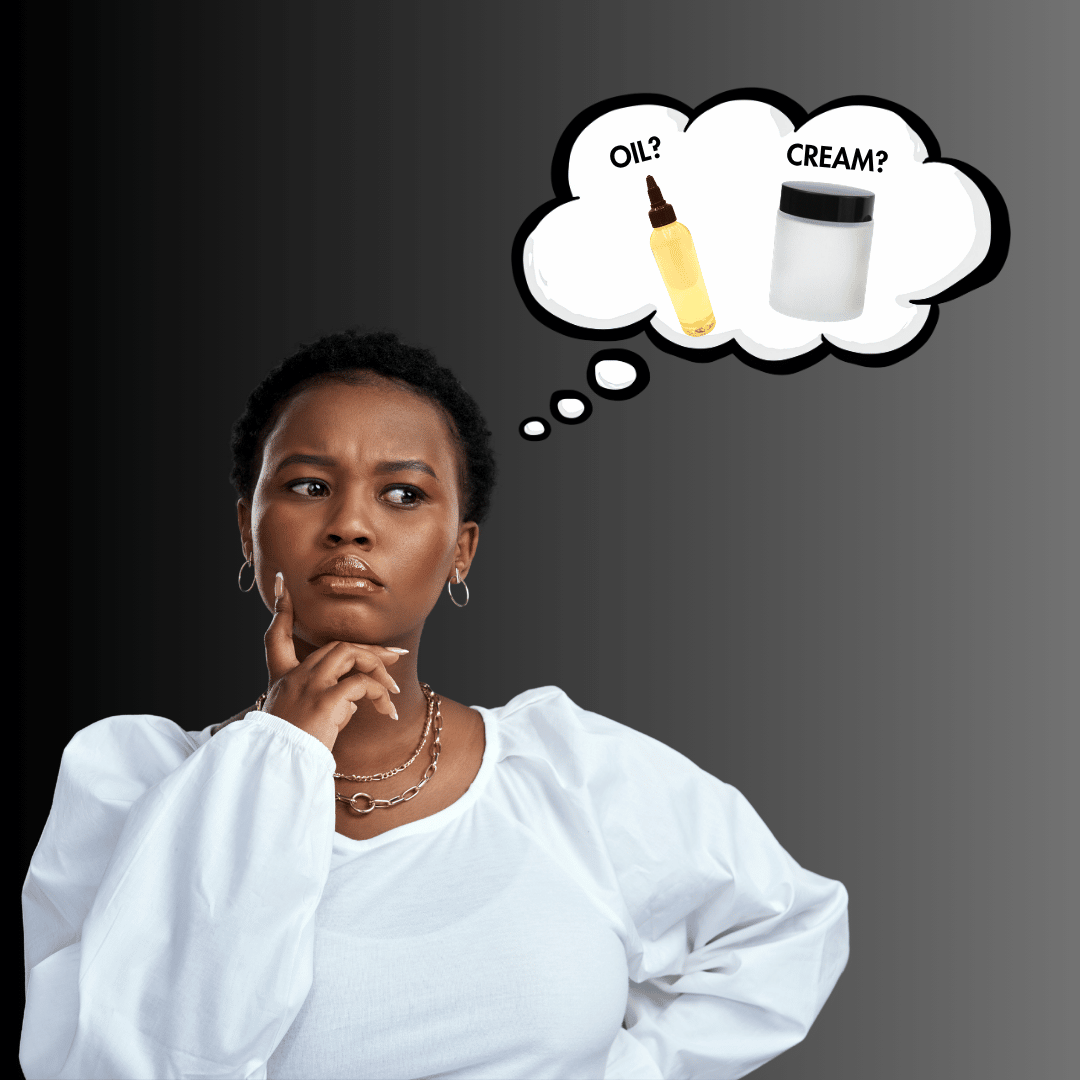 Thoughtful woman comparing body oil and cream in a thought bubble for a dry skin versus dehydrated skin guide.