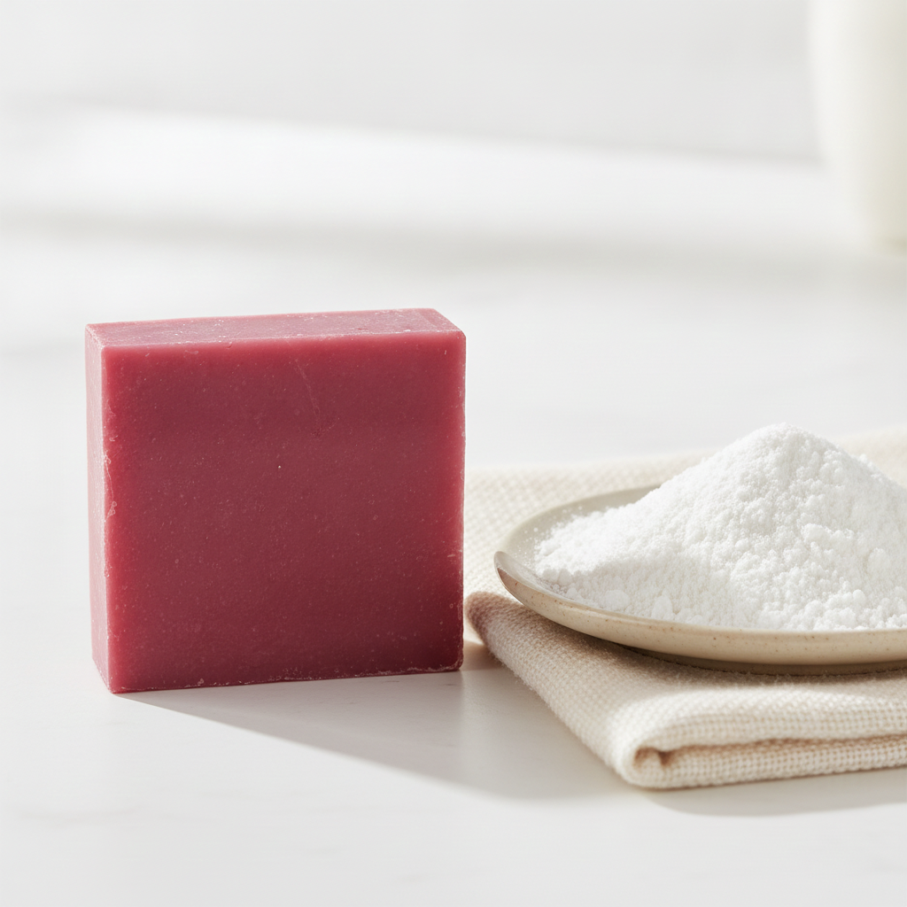 Baby Powder Soap Bar beside a small bowl of powder and folded fabric on a bright white surface.