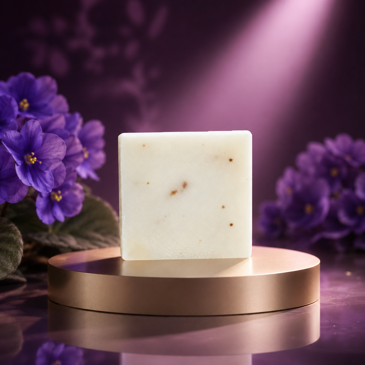 African Violet Soap Bar on a gold pedestal with purple violet flowers and dramatic pink lighting.