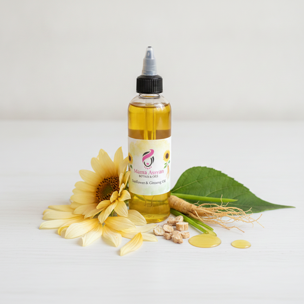 4 oz Scalp Oil bottle with sunflower, leaves, and botanical ingredients on a white surface.