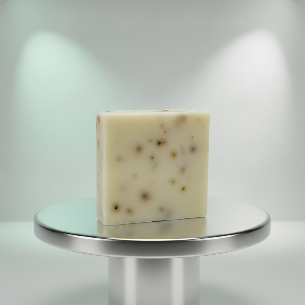 Tea Tree Mint Soap Bar on a silver pedestal with a soft green background.