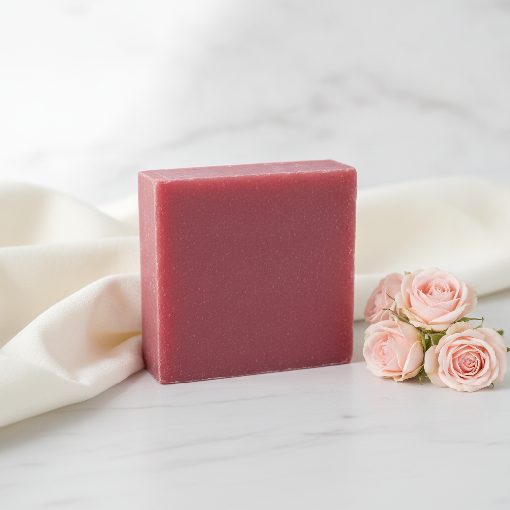 Baby Powder Soap Bar on a marble surface with pale pink roses and soft fabric.