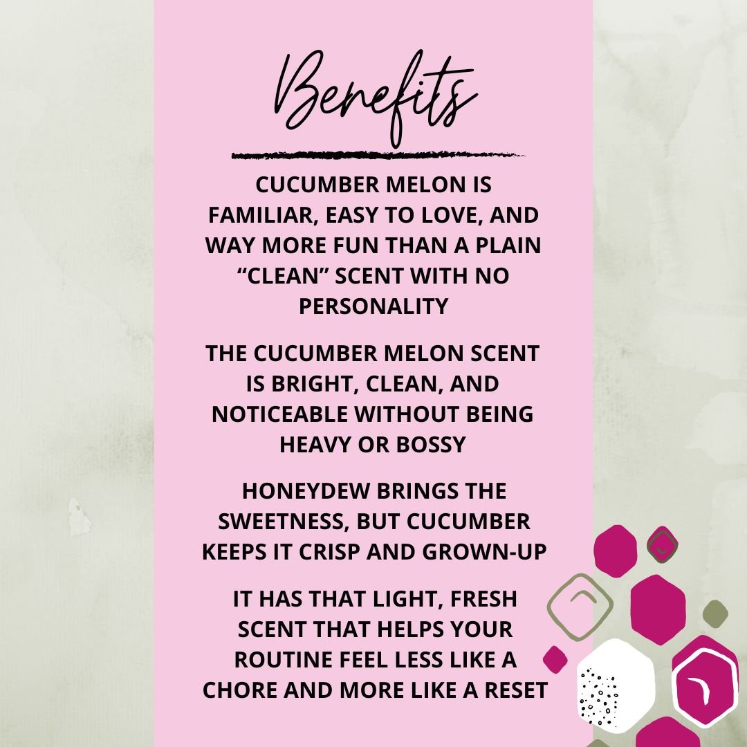 Benefits graphic for Cucumber Melon Soap Bar highlighting its fresh cucumber melon scent and clean, fruity shower appeal.