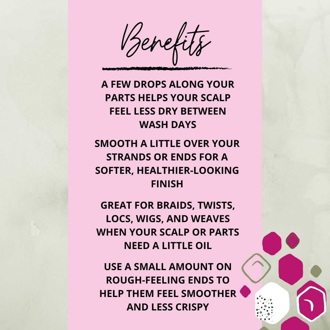 Benefits graphic for 4 oz Scalp Oil highlighting dry scalp care, shine, protective styles, and softer ends.