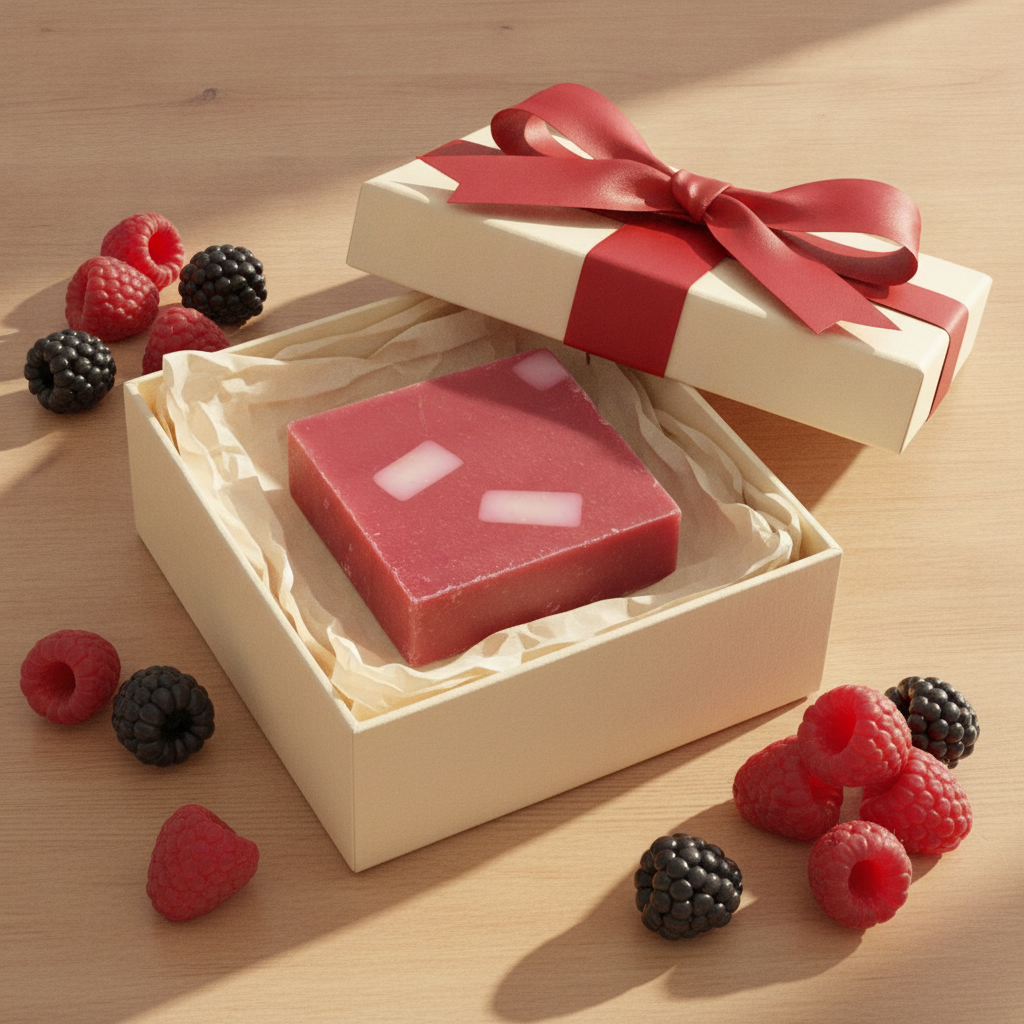 Raspberry Rush Soap Bar in a cream gift box with berries and a red ribbon.