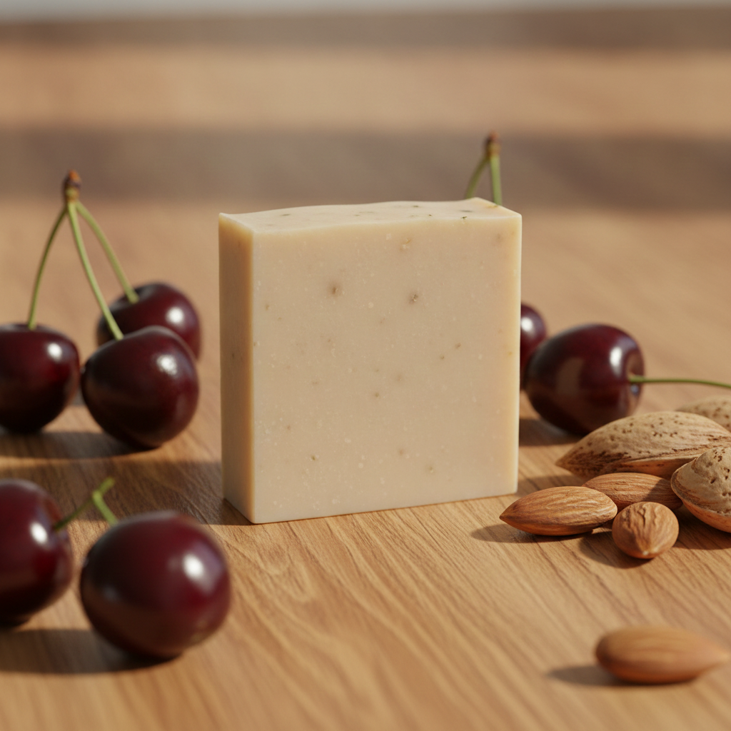 Cherry Almond Soap Bar displayed with fresh cherries and almonds on a wooden surface.