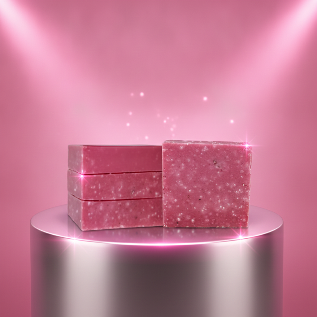 Spring Breeze Scrub Soap Bars stacked on a pink glowing pedestal with sparkly background lighting.