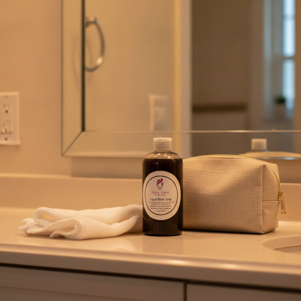 8 oz Liquid African Black Soap beside a neutral toiletry bag and folded washcloth on a bathroom vanity.