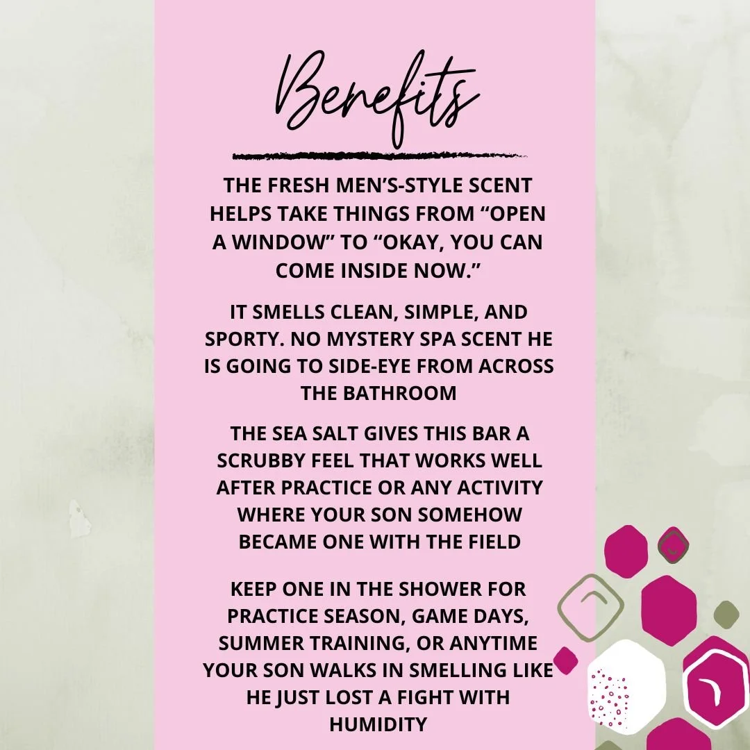 Benefits graphic for Cool Spring Scrub Soap Bar highlighting its fresh men’s-style scent, sea salt texture, post-practice cleanup, and teen athlete appeal.