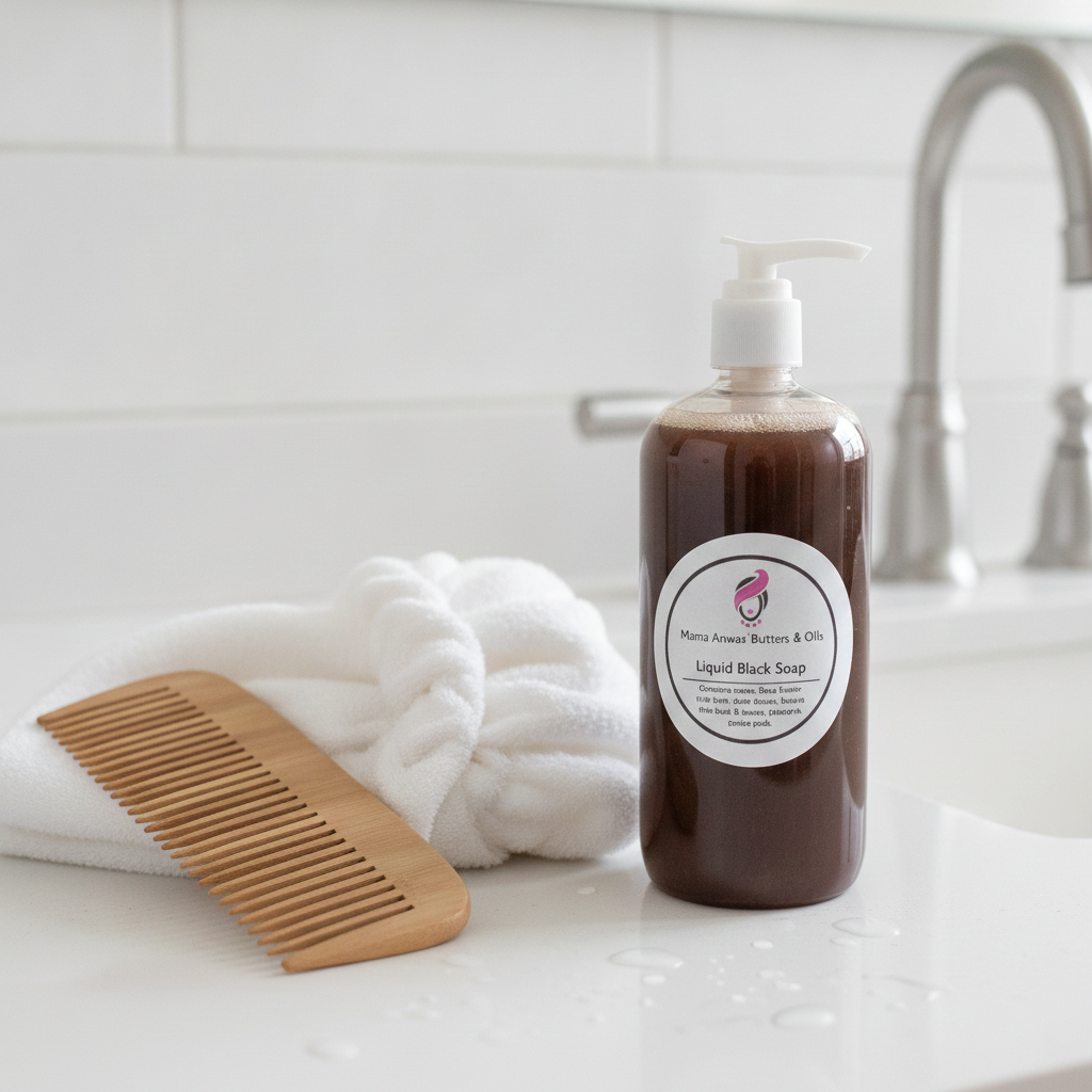 Raw Liquid African Black Soap beside a wooden comb and white hair towel on a bright bathroom counter.