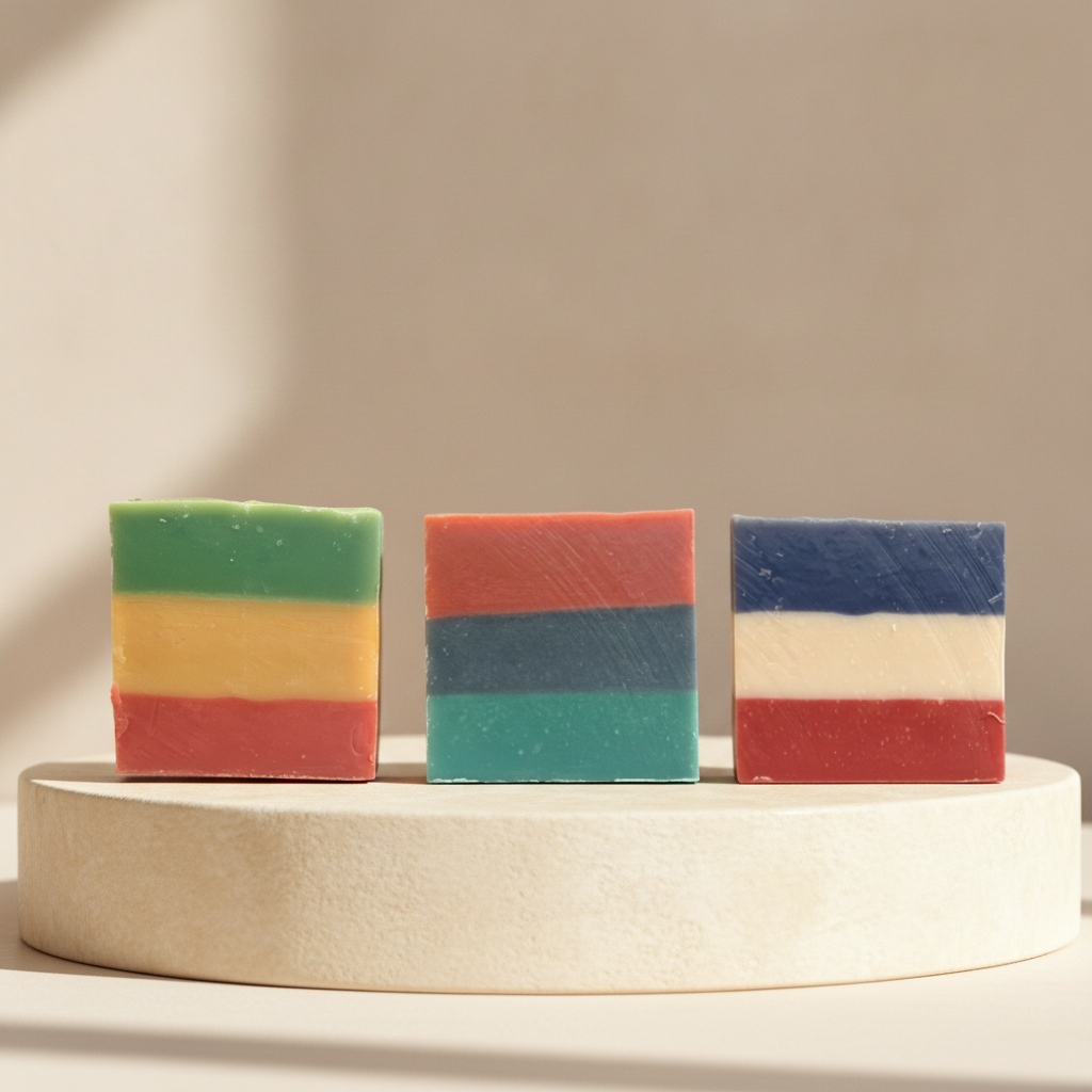 No Longer Bound, Liberation Lather, and Rasta Roots soaps displayed together on a cream pedestal.
