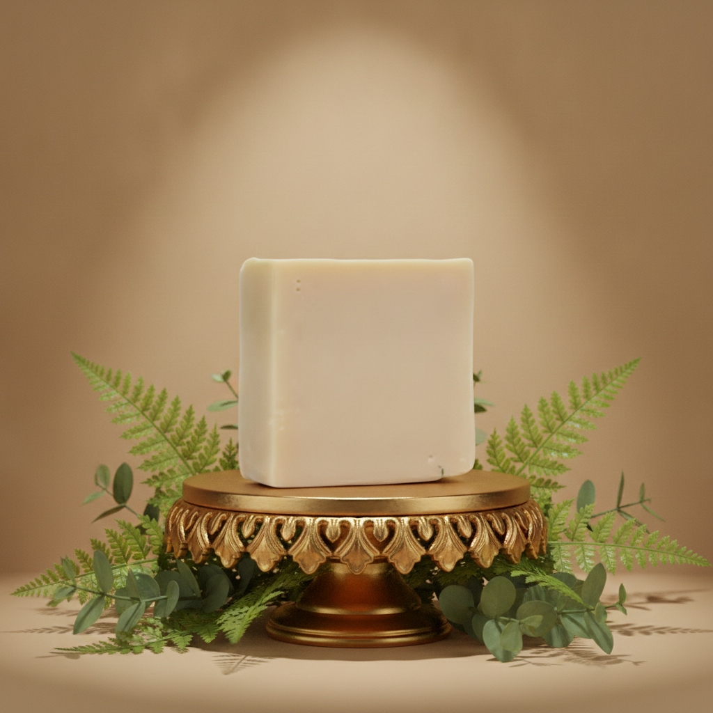 Bamboo Mud Soap Bar on a gold pedestal with ferns and greenery around the base.