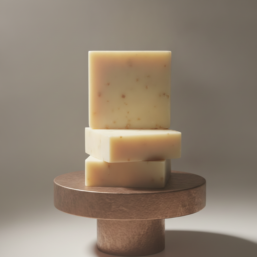 Stacked Citrus Splash Goat Milk Soap Bars displayed on a round pedestal with warm neutral lighting.