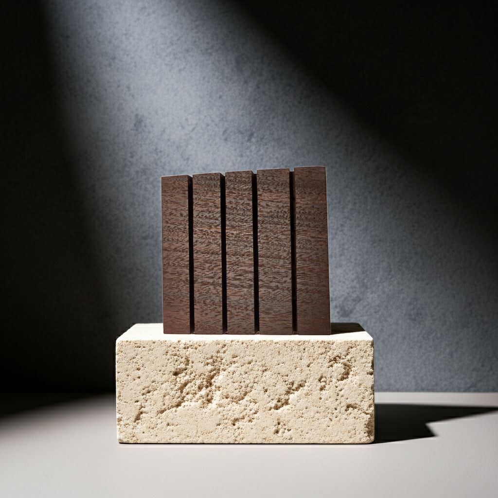 Square Edge Walnut wood soap dish standing upright on a textured stone block under a spotlight.