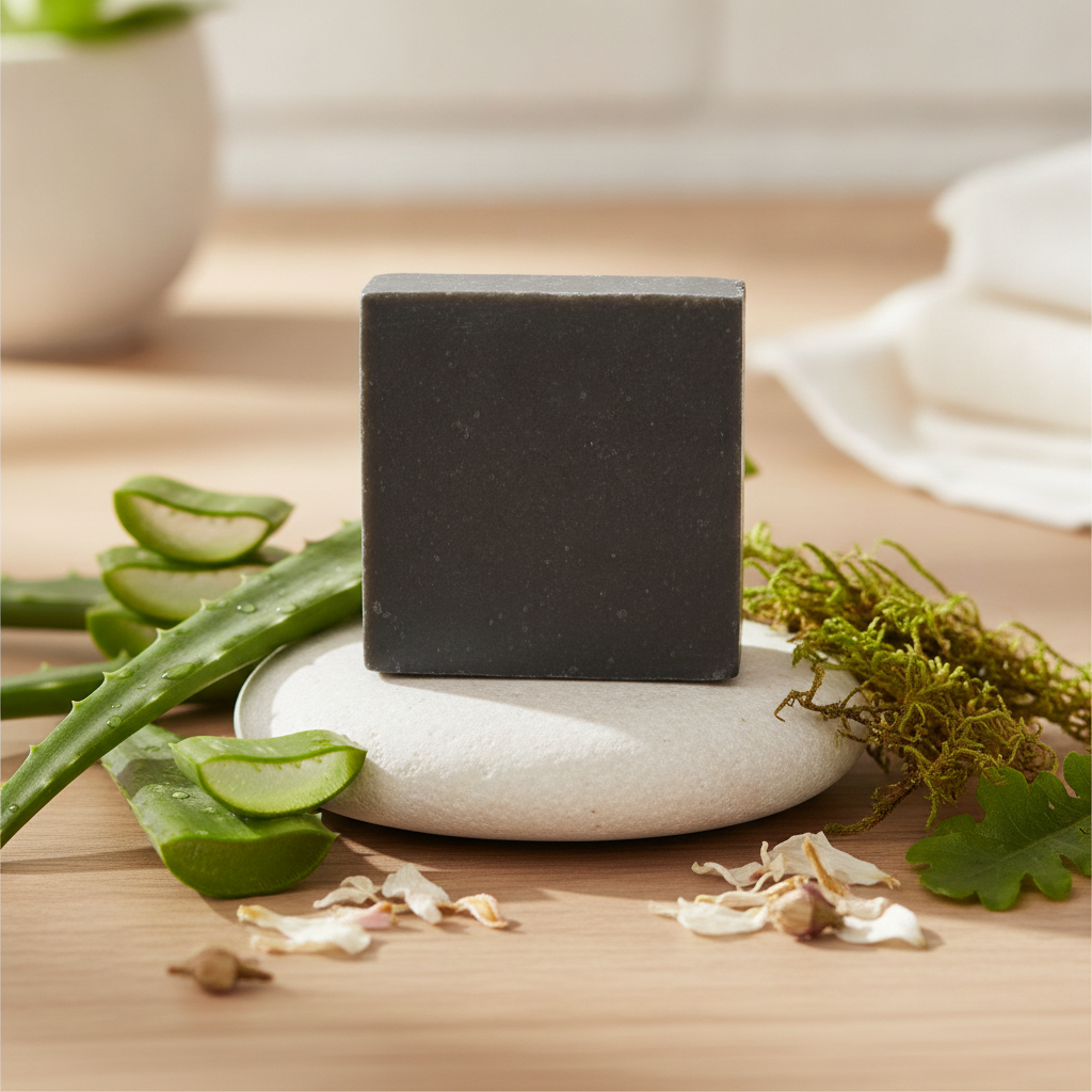 Black Soap Bar on a white stone with aloe, moss, and dried floral accents.