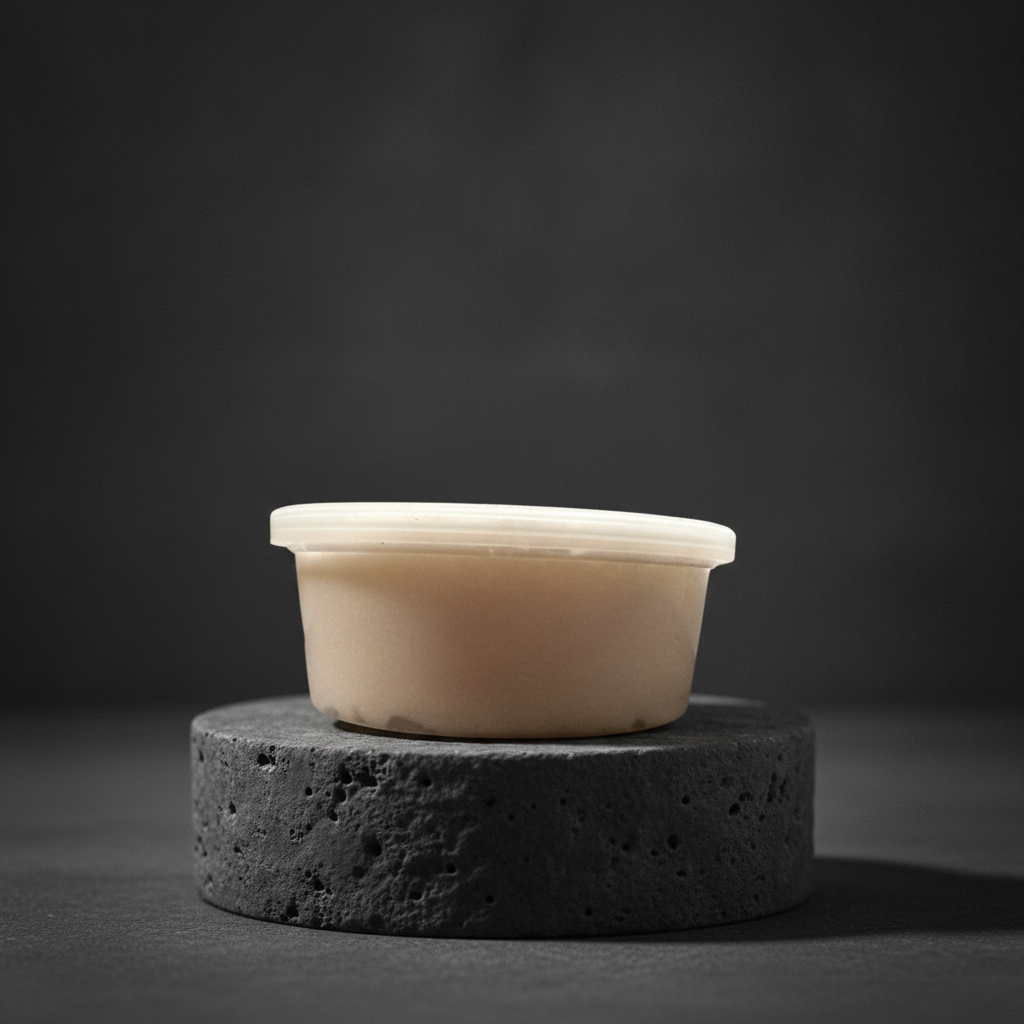 Creamy Whipped Shealoe Butter tub displayed on a dark stone pedestal against a charcoal studio background.