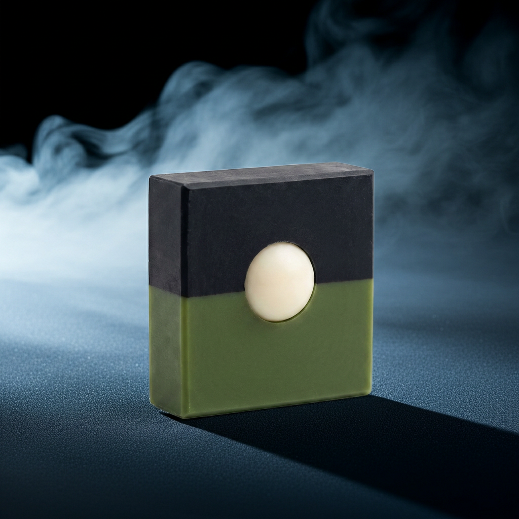 Only the Moon Above bar soap in black and olive green with a round moon-like inset, photographed on a dark surface with misty smoke in the background.