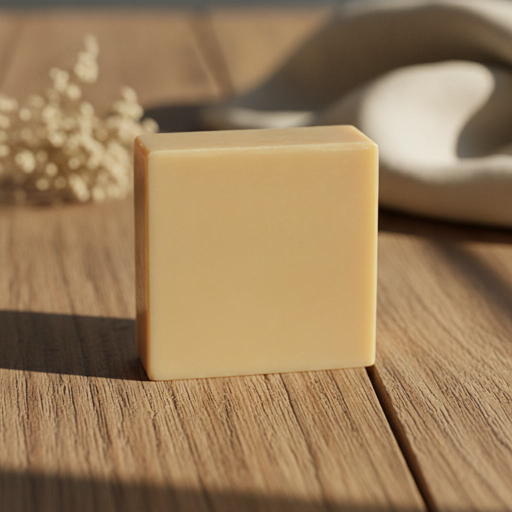 Egyptian Musk Soap Bar on a wooden surface with dried floral accents and soft warm lighting.