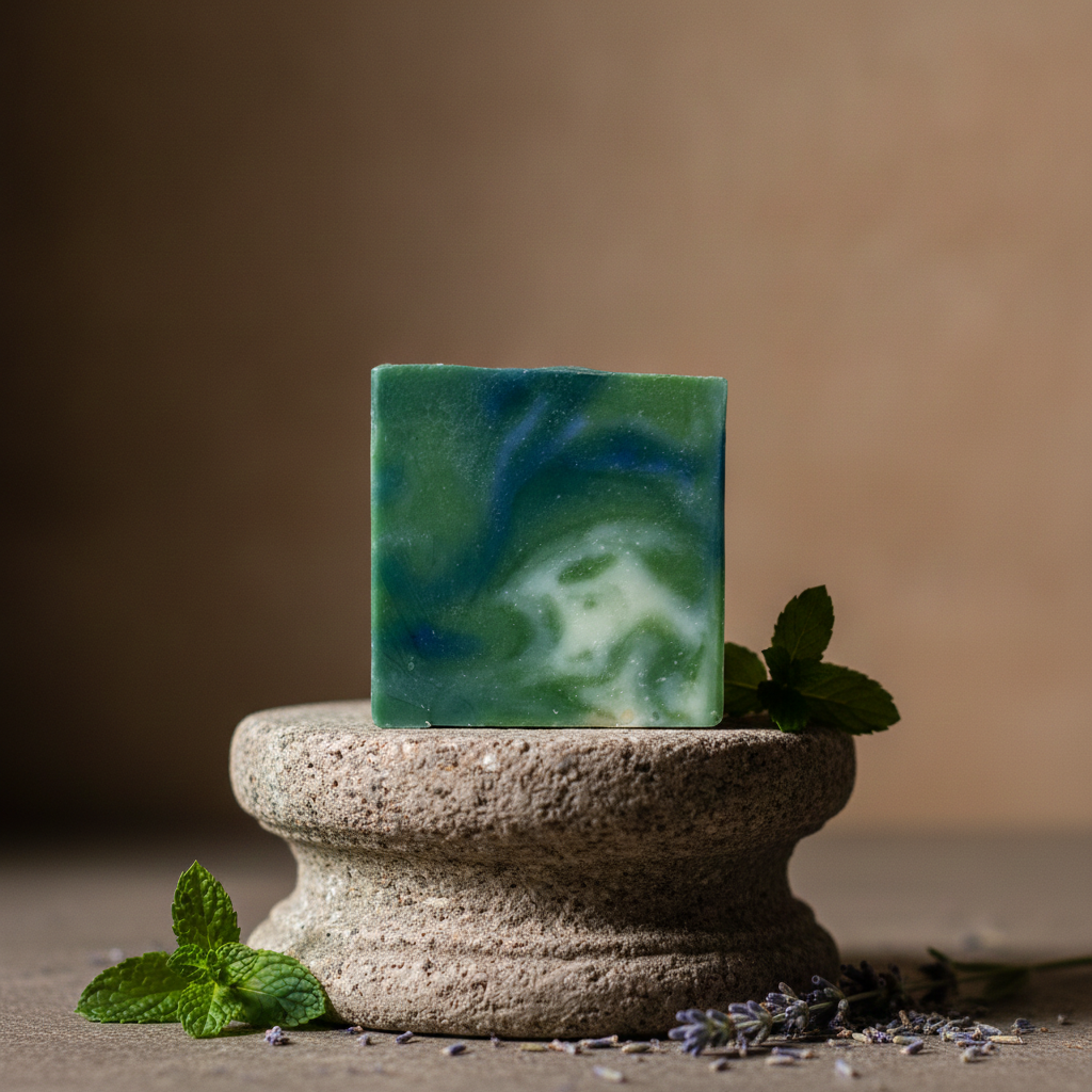 Lavender Mint Soap Bar on a stone pedestal with mint leaves and lavender sprigs.