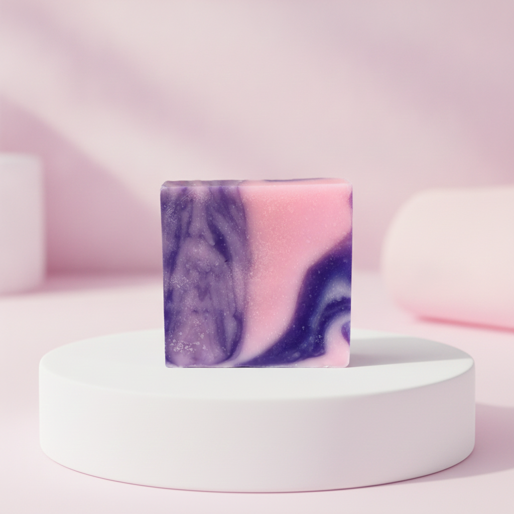 Hydrangea Soap Bar on a white pedestal with a soft pink background.