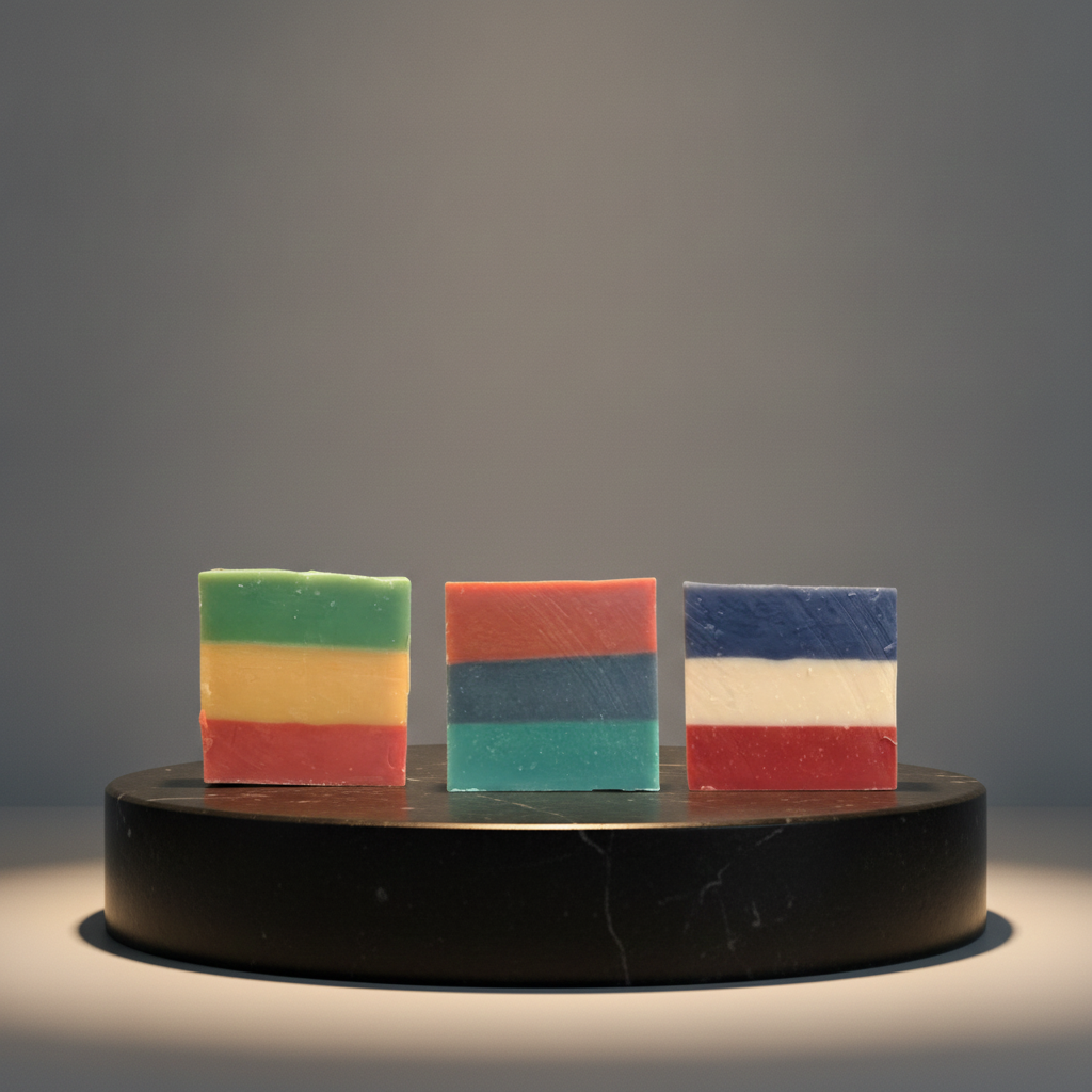 Three Heritage Line soaps from The Heritage Trifecta Shower Set displayed on a black pedestal against a dark background.