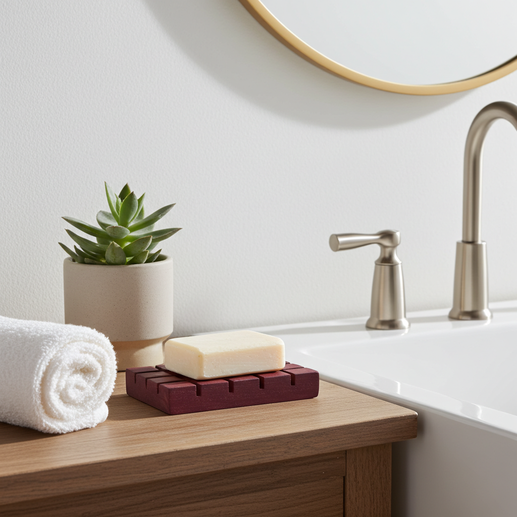 Square Edge Purple Heart wood soap dish holding a bar of soap on a wooden bathroom vanity beside a rolled towel, succulent plant, and modern faucet.