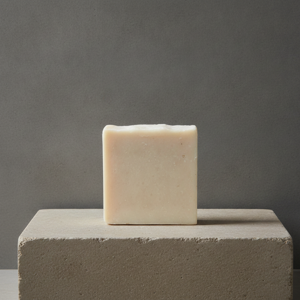 Unscented Goat’s Milk Facial Soap standing on a concrete pedestal against a minimalist gray studio background.