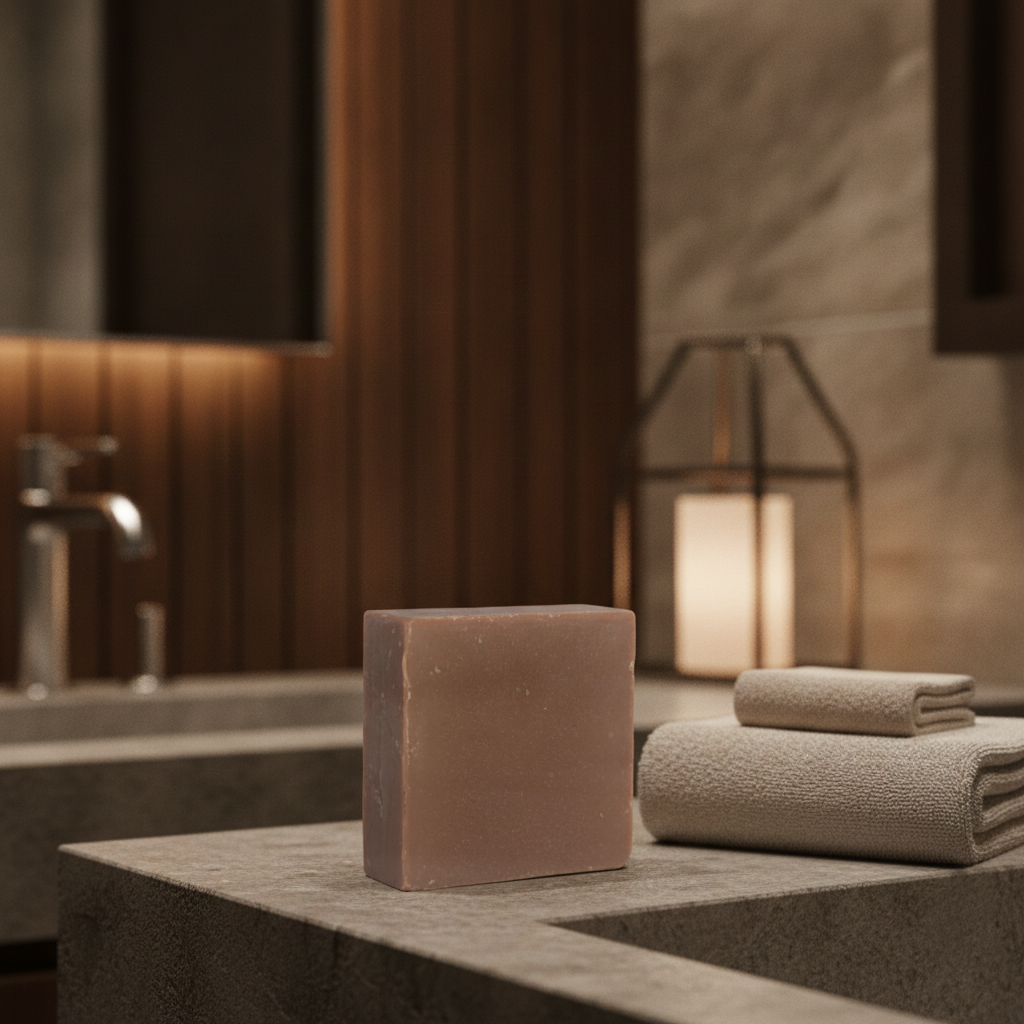 Nag Champa Mud Soap Bar on a bathroom counter beside folded towels and soft ambient lighting.