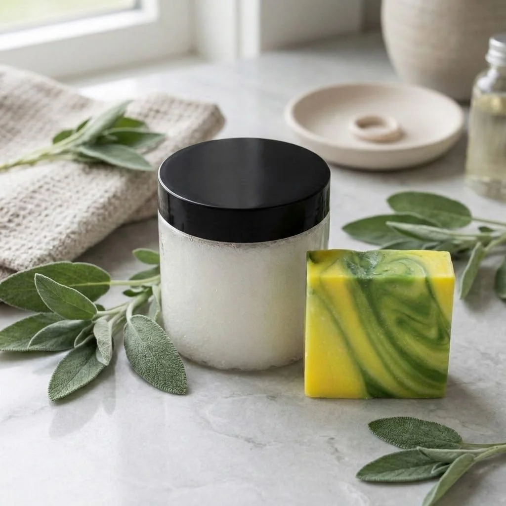 Free Spirit Soap and Smooth Body Cream Set on a bathroom counter with sage leaves, folded towels, and soft natural lighting.
