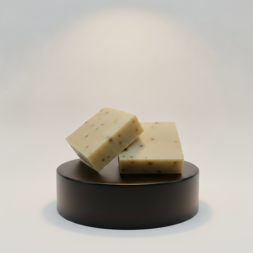 Strong Coffee Soap Bars stacked on a black pedestal against a soft neutral background.