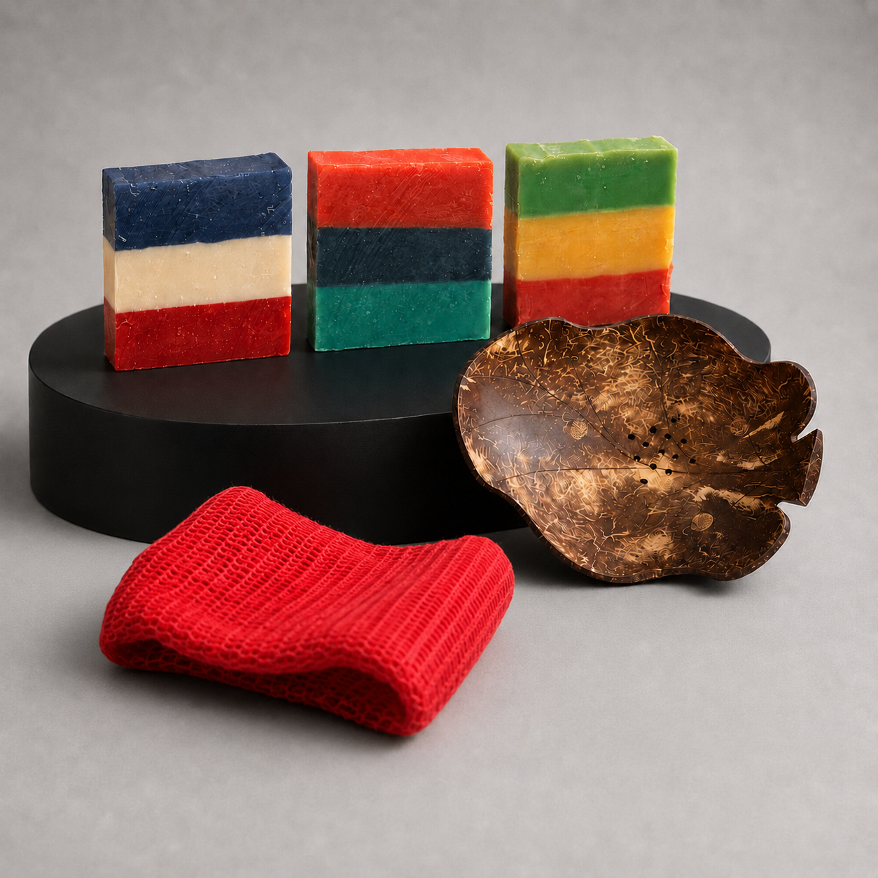 The Heritage Trifecta Shower Set displayed with three Heritage Line soap bars, a red Sapo Sponge, and a Coconut Shell Soap Dish on a black pedestal.
