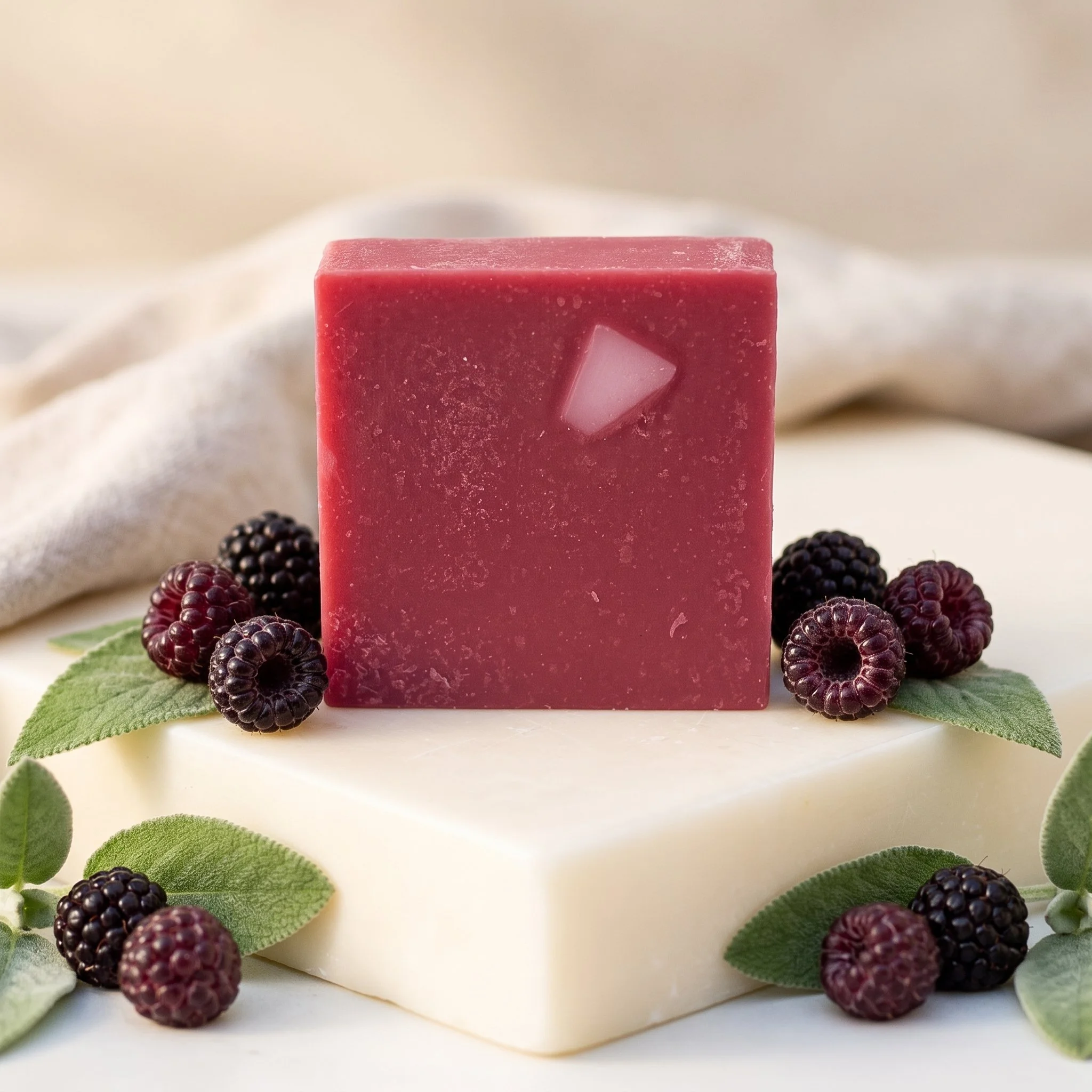 Raspberry Rush Soap Bar on a cream pedestal surrounded by raspberries, blackberries, and green leaves.
