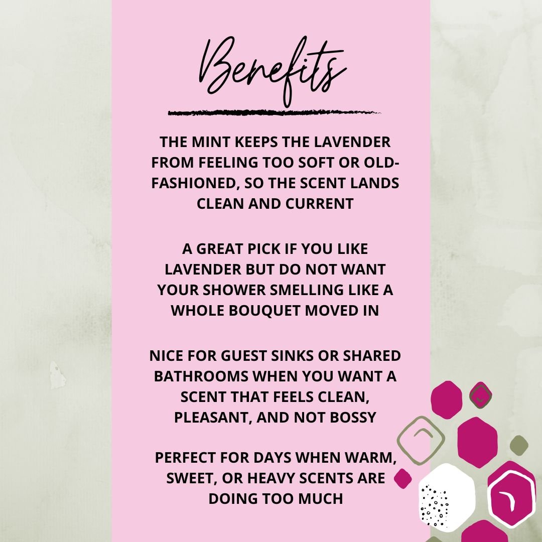Benefits graphic for Lavender Mint Soap Bar highlighting fresh lavender mint scent, guest bathroom appeal, and cool floral fragrance.