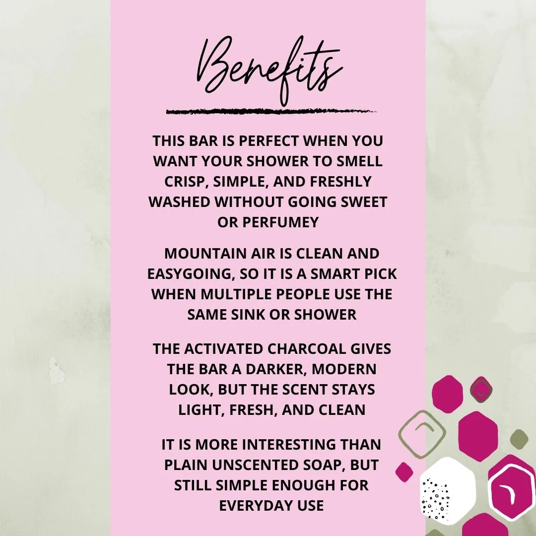 Benefits graphic for Mountain Air Soap Bar highlighting its fresh clean scent, shared bathroom appeal, activated charcoal look, and everyday soap use.