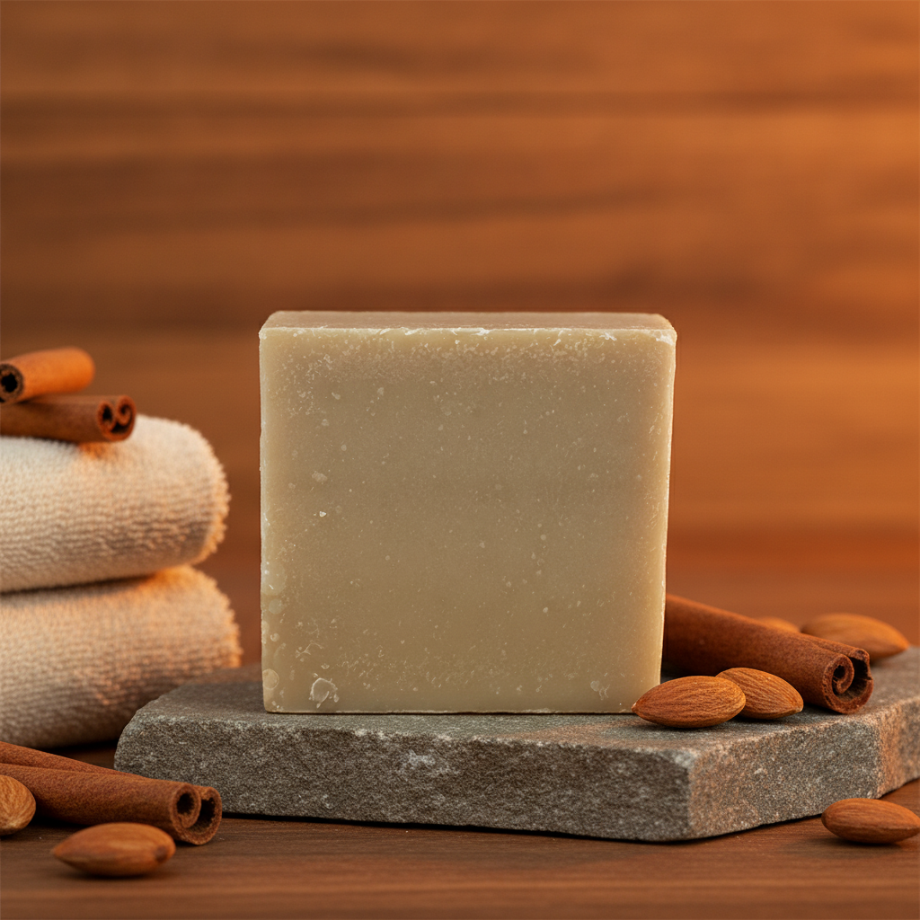 Almond Spice Soap Bar on a stone tray with almonds, cinnamon sticks, and folded towels against a warm wood background