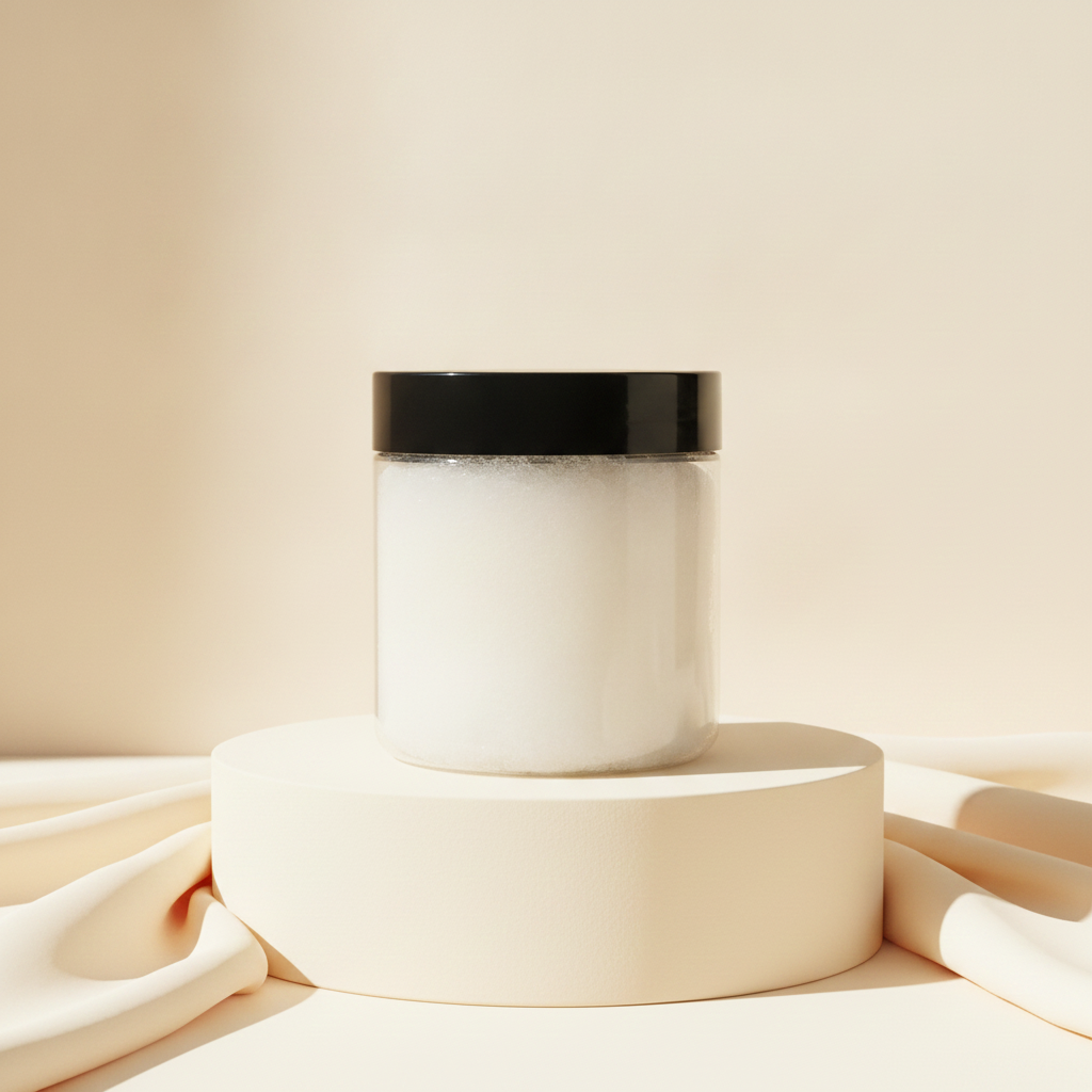 Unscented Raw Sugar Scrub displayed on a cream pedestal with soft fabric and warm neutral studio lighting.