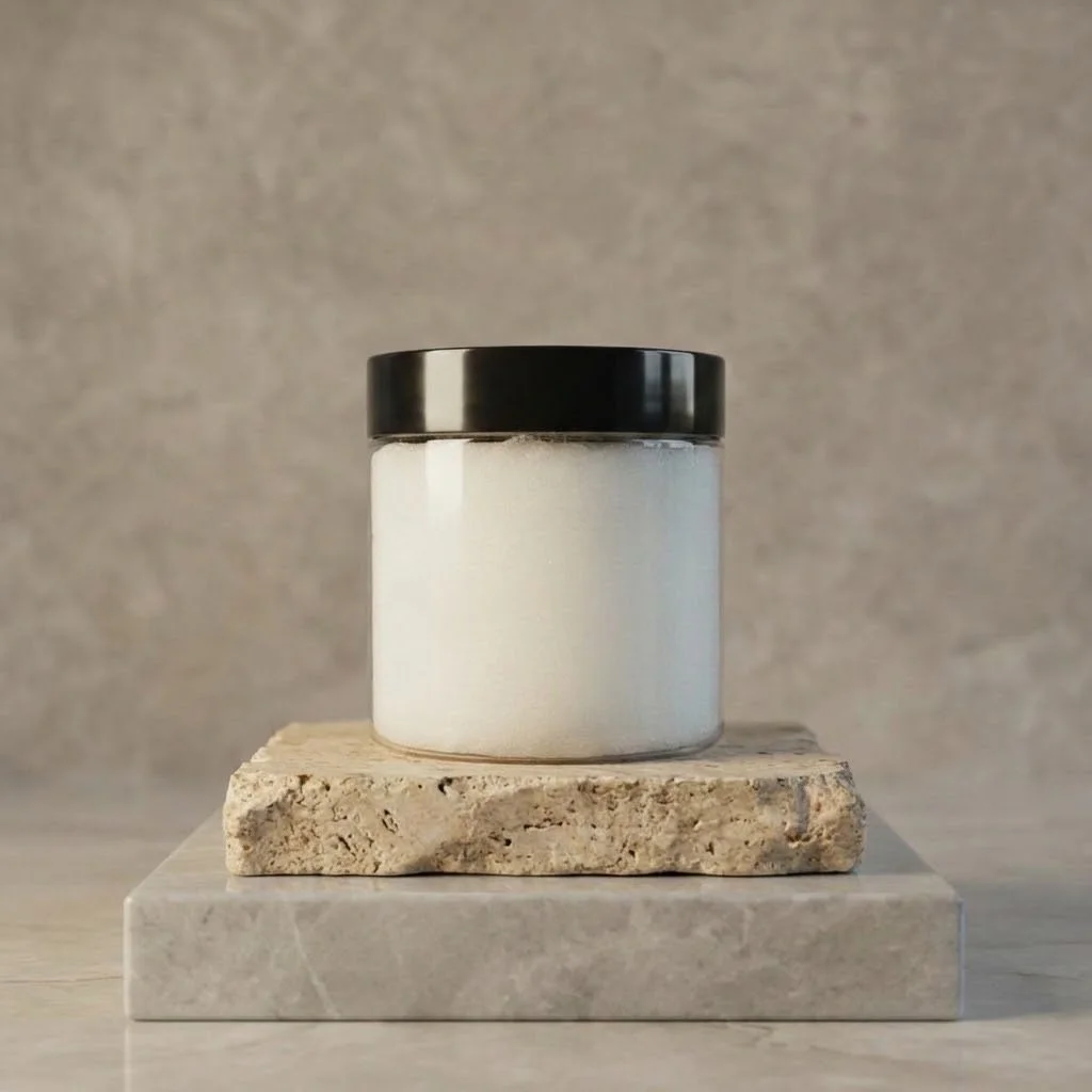 White jar of Thick With It body butter displayed on a stone pedestal against a neutral background.